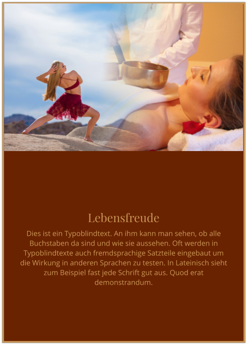 Lebensfreude Dies ist ein Typoblindtext. An ihm kann man sehen, ob alle Buchstaben da sind und wie sie aussehen. Oft werden in Typoblindtexte auch fremdsprachige Satzteile eingebaut um die Wirkung in anderen Sprachen zu testen. In Lateinisch sieht zum Beispiel fast jede Schrift gut aus. Quod erat demonstrandum.